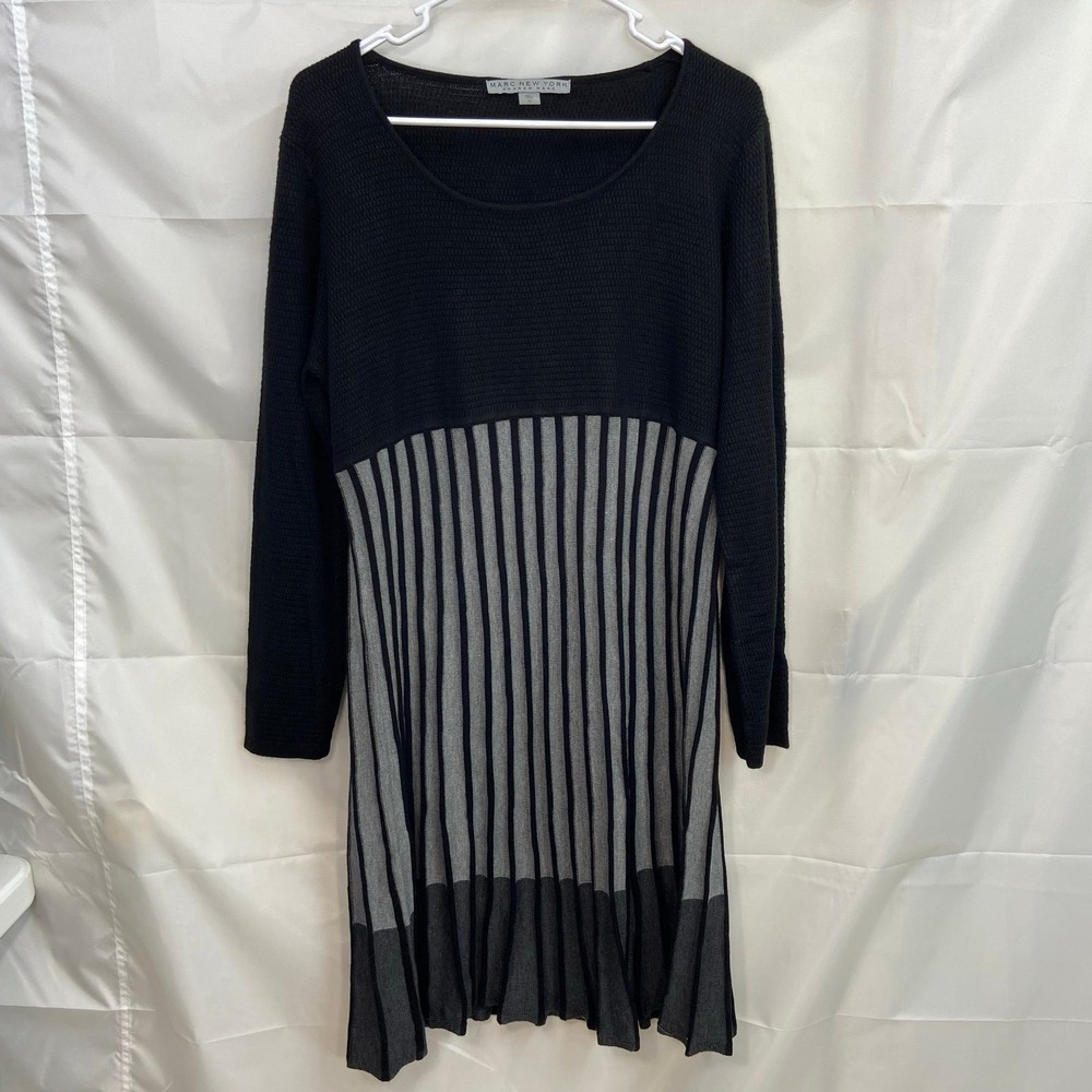 Marc New York women's black gray long‎ sleeve soft stretch knit knee scoop dress